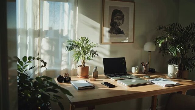 Home Office Desk Setup Laptop, Plants, Natural Light Workspace