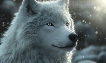 Obraz premium Arctic wolf close-up portrait with piercing blue eyes amidst falling snow