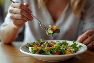 Close-up of a fork a fresh mixed vegetable salad.
