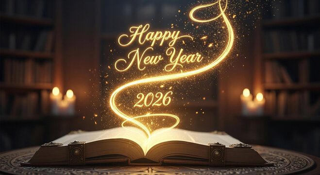 A magical book opens to reveal a glowing happy new year 2026 message, surrounded by warm candlelight and a cozy library backdrop, celebrating the upcoming year