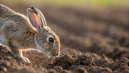 Curious rabbit exploring fresh soil, perfect for nature blog or wildlife education