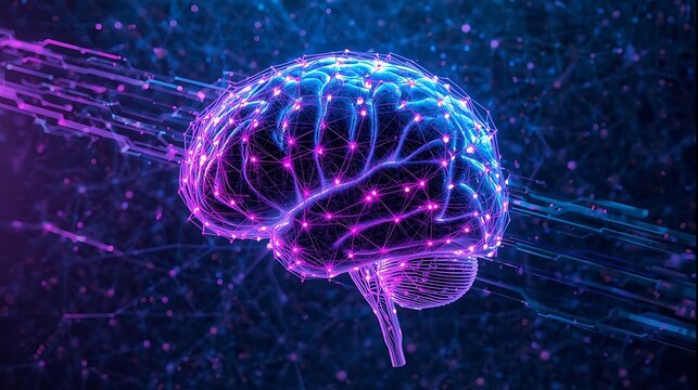 Digital Brain with Glowing Connections Representing AI Machine Learning and Neural Networks.