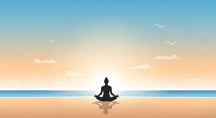 A serene silhouette of a person meditating in a yoga lotus pose on a calm beach during a beautiful sunrise or sunset. Ideal for mindfulness and wellness themes.