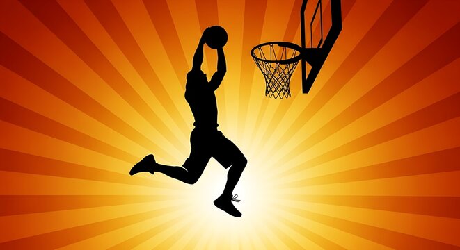 A dark silhouette of a basketball athlete leaping for a dunk against an explosive, radiant yellow-orange glow