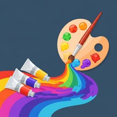 Vibrant illustration of art supplies, including a paint palette, paintbrush, and tubes, creating a flowing rainbow of colors. Perfect for creative themes.