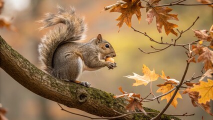Adorable squirrel enjoying autumn acorn snack on mossy branch amid colorful fall leaves