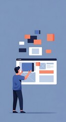 Modern flat illustration depicting a man building a website, placing interface elements on a browser screen. Ideal for web design, development, UI/UX, and digital content.