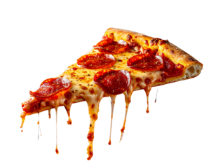 Single Slice of Pepperoni Pizza with Melted Cheese on Black Background PNG