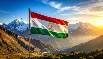 Tajikistan Flag Waving Over Sunlit Mountain Valley with Snow-Capped Peaks – A Cinematic Showcase of National Identity, Cultural Pride, and Natural Grandeur in Ultra HD with Warm Light and Majestic