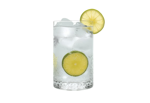 Refreshing gin and tonic served chilled with a fresh lime wedge garnish.