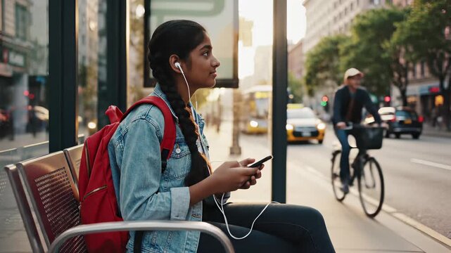 A woman sitting alone on a bench, her attention focused on her phone as she listens to music through her headphones, capturing the concept of solitude and personal connection in todays fast.