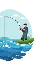 Illustration of an angler wading in a vibrant blue river, casting a fishing line with a splash, against a scenic background. Ideal for outdoor recreation, hobby, and nature designs.