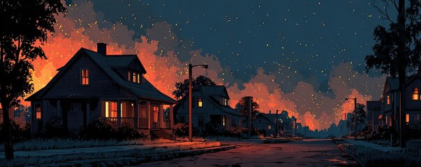 Nighttime neighborhood consumed by raging wildfire concept. A cozy neighborhood scene under a starlit sky with glowing homes.