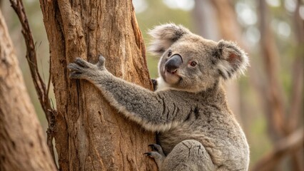Cute koala climbing tree in Australia's eucalyptus forest, a gentle wildlife moment