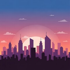 Stunning flat vector art of a minimalist city skyline at sunset or sunrise, featuring dark building silhouettes against a colorful gradient sky. Ideal for urban themes.