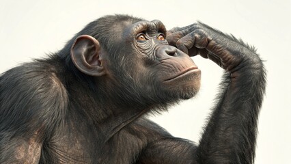 Pensive chimpanzee deep in thought strikes a pose against a neutral background