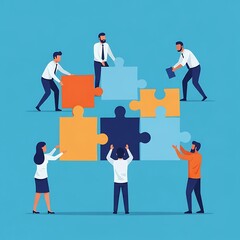 A diverse business team collaborates to assemble a large puzzle, symbolizing teamwork, problem-solving, and strategic partnership in achieving a common goal.