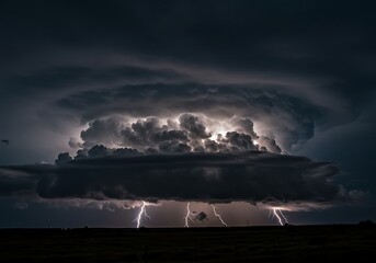 Fototapeta premium Dramatic storm clouds with lightning bolts across a dark sky