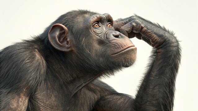 Pensive chimpanzee deep in thought strikes a pose against a neutral background