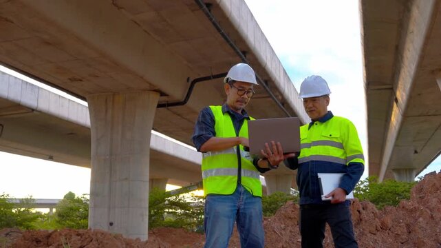 Construction Insight: Two engineers, clad in safety attire, collaborate beneath a bridge, analyzing data on a laptop, their focus indicative of their dedication.