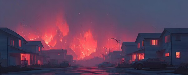 Nighttime neighborhood consumed by raging wildfire concept. A dramatic portrayal of a fiery landscape engulfing homes.