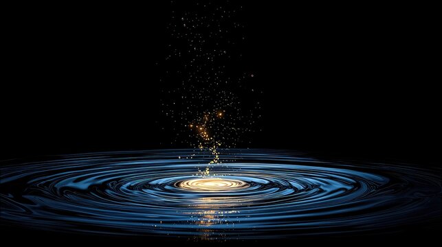 Golden particles burst upwards from the center of concentric ripples on a dark blue water surface, creating a magical and dynamic effect.