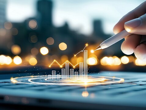 A hand holds a stylus over a glowing bar graph and line chart, symbolizing financial analysis and growth, with a bokeh city skyline in the background.