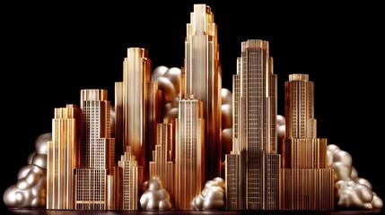 A miniature cityscape of golden skyscrapers is depicted against a dark background, with abstract, bulbous silver shapes resembling clouds or smoke surrounding t