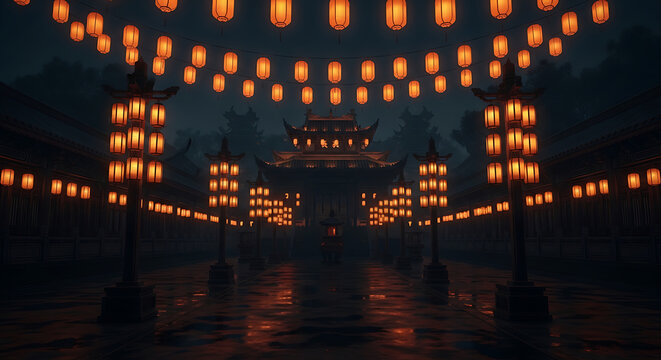 A mystical night scene illuminated by countless glowing orange lanterns leading to an ancient asian temple