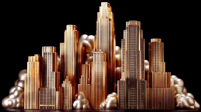 A miniature cityscape of golden skyscrapers is depicted against a dark background, with abstract, bulbous silver shapes resembling clouds or smoke surrounding t