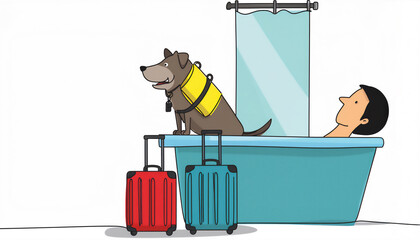 ein Mann liegt entspannt in der Badewanne, ein Hund mit gelber Schwimmweste sitzt davor und bewacht die Koffer - humorvolle cartoonartige Szene mit wei&szlig;em Hintergrund