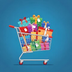 A vibrant illustration of a full shopping cart brimming with colorful gift boxes, perfect for sales, holidays, or special occasions. Ideal for e-commerce, promotions, and celebration themes.