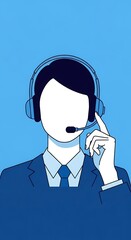 Abstract blue illustration of a professional call center agent or customer service representative wearing a headset, symbolizing support, communication, and assistance.