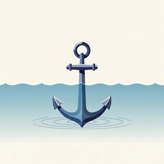 A stylized blue anchor partially submerged in calm blue water with gentle ripples, set against a light background. Perfect for nautical themes, stability, or travel designs.