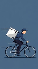 Minimalist illustration of a courier delivering a package by bike, symbolizing fast urban delivery, eco-friendly transport, and modern logistics solutions.