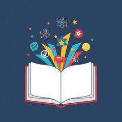 Colorful illustration of an open book, symbolizing education and knowledge, with scientific and learning icons bursting forth from its pages on a dark blue background.