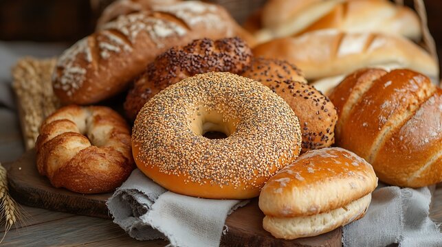 Variety of bread and pastries including a sesame bagel
