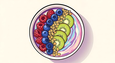 Bright cartoon illustration of a healthy breakfast smoothie bowl with fresh berries, kiwi, and oats. Great for food blogs, healthy eating, and nutrition designs.