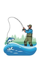 Vibrant illustration of a fisherman in waders catching a fish that jumps from the water. Ideal for fishing, outdoor activities, or nature-themed designs and articles.