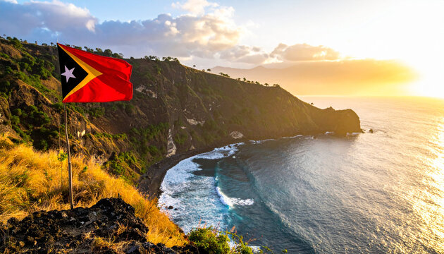Timor-Leste Flag Waving Over Coastal Cliffside with Crashing Waves and Sunset Glow – A Cinematic Showcase of National Identity, Natural Majesty, and Cultural Pride in Ultra HD with Vibrant Colors 