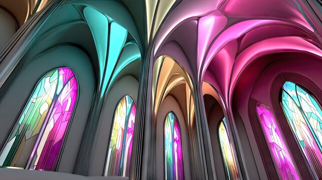 Interior view of a grand hall with Gothic arches, stained glass windows, and a colorful vaulted ceiling.