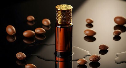 Argan Oil Essence: A close-up shot of a small bottle filled with rich, amber-colored argan oil, surrounded by scattered argan nuts, captured on a sleek, dark surface.