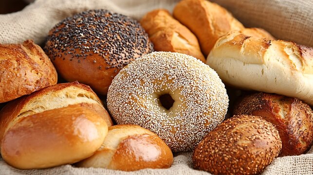Variety of bread and pastries including a sesame bagel