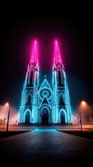 Fototapeta premium A grand gothic church facade is dramatically lit with bright neon blue and pink lights against a dark, foggy night sky.