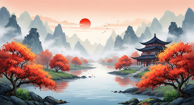 Traditional asian landscape with a pagoda, a river, misty mountains, and vibrant autumn trees under a red sun