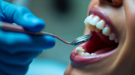 Close-up of a dental examination using a mirror and tools to check teeth health.