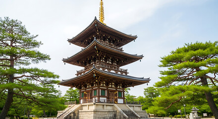 Majestic fivestory japanese pagoda surrounded by lush green pine trees under a clear sky