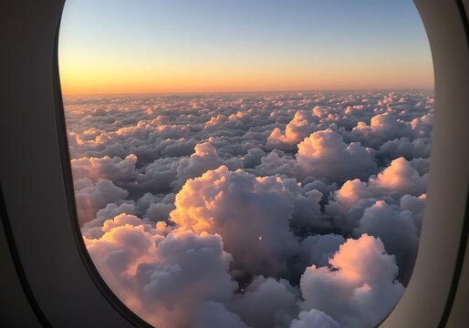 Dramatic sunrise over clouds seen through airplane window