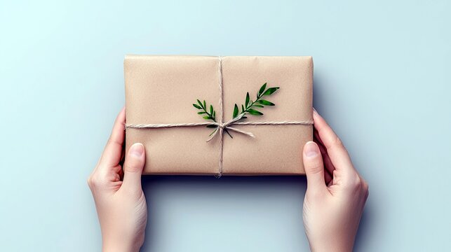 A simple, eco-friendly gift package is held by two hands against a soft blue background, adorned with a small green leaf.