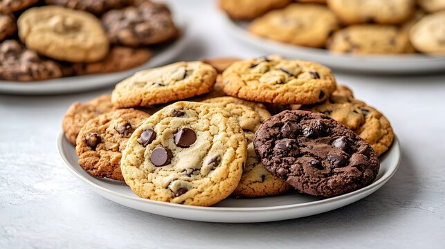 Variety of chip cookies on a plate on a background